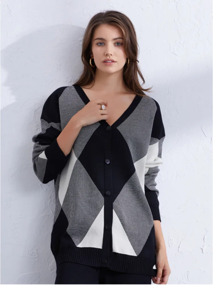 Женский трикотажный костюм с ромбовидной решеткой свитер длинным рукавом и