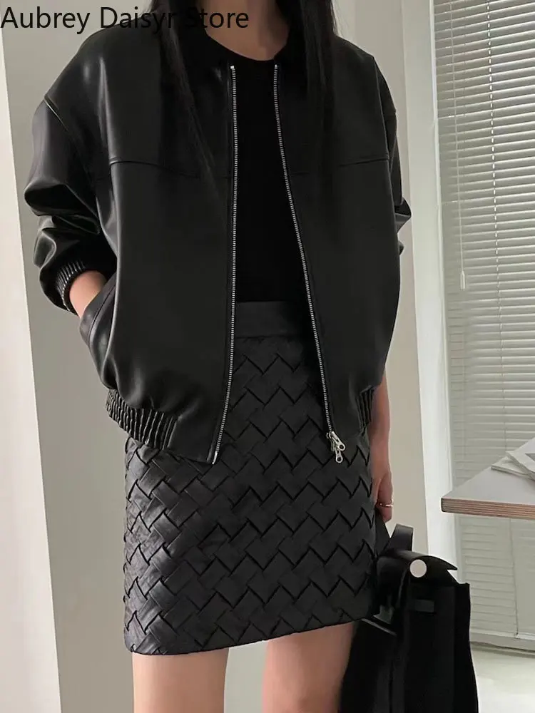 Korean Fashion Elegant Leather Jacket Women Vintage Streetwear Thin Moto Biker Zipper Jacket Winter Chic Y2k Cropped Pu Coats