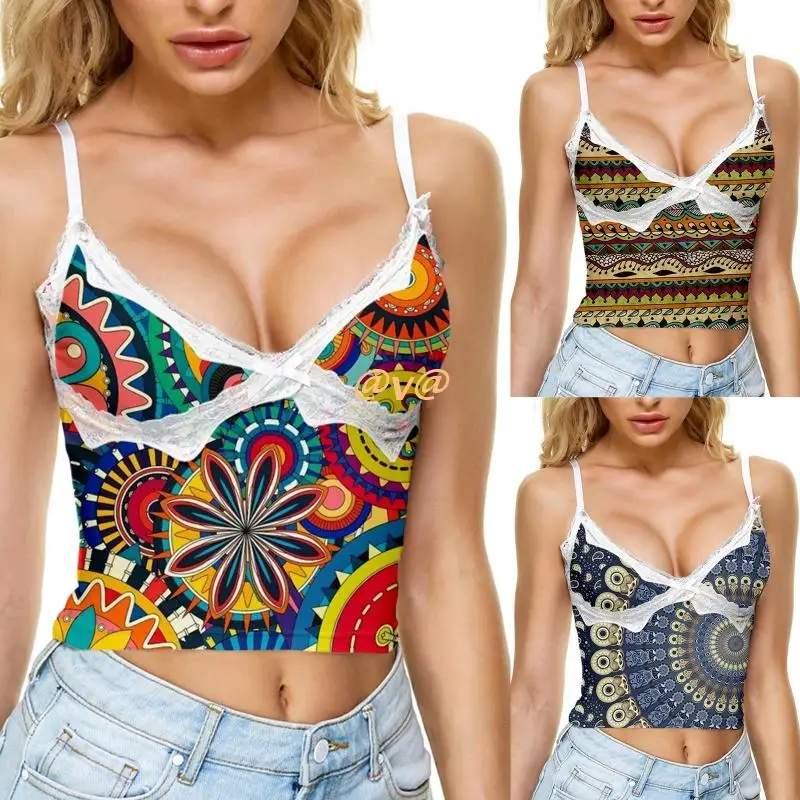 

Women Summer Spaghetti Strap Bowknot Camisole Bohemian Colorful Geometric Printed Lace Trim Crop Top Sexy Deep V-Neck Backless