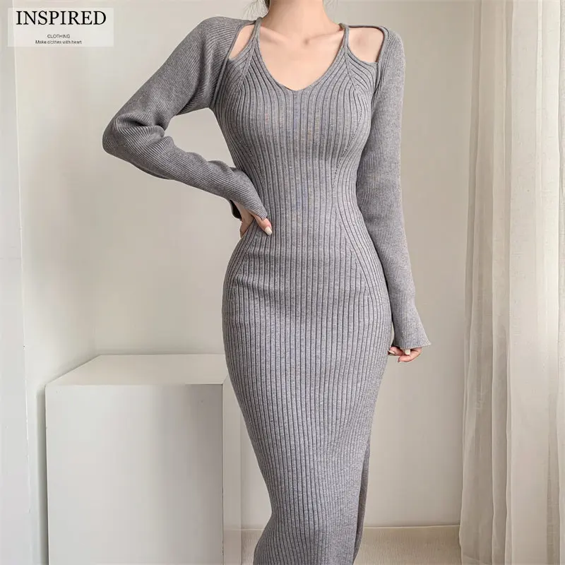 

Elegant Solid Color Sexy V-neck Knitting Dresses for Women 2022 Autumn Winter New Slim with Long Sleeves Hip Wrap Midi Dress