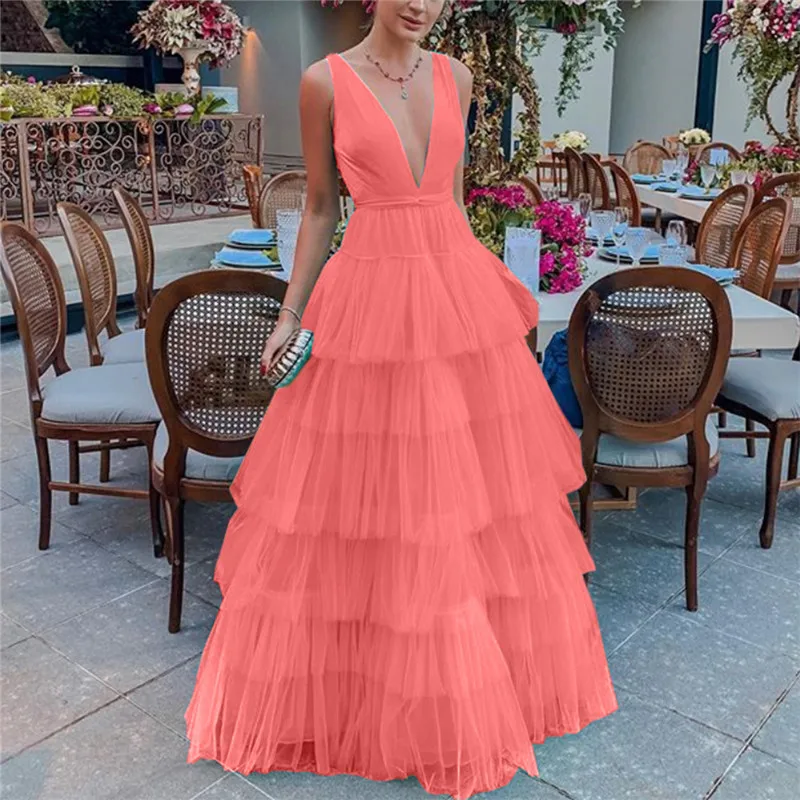 

Evening Party Night Dress Women V-neck Layer Ruffles Long Mesh Organza Elegant Puff Vestido Pink White Blue Tiered Ball Gown New