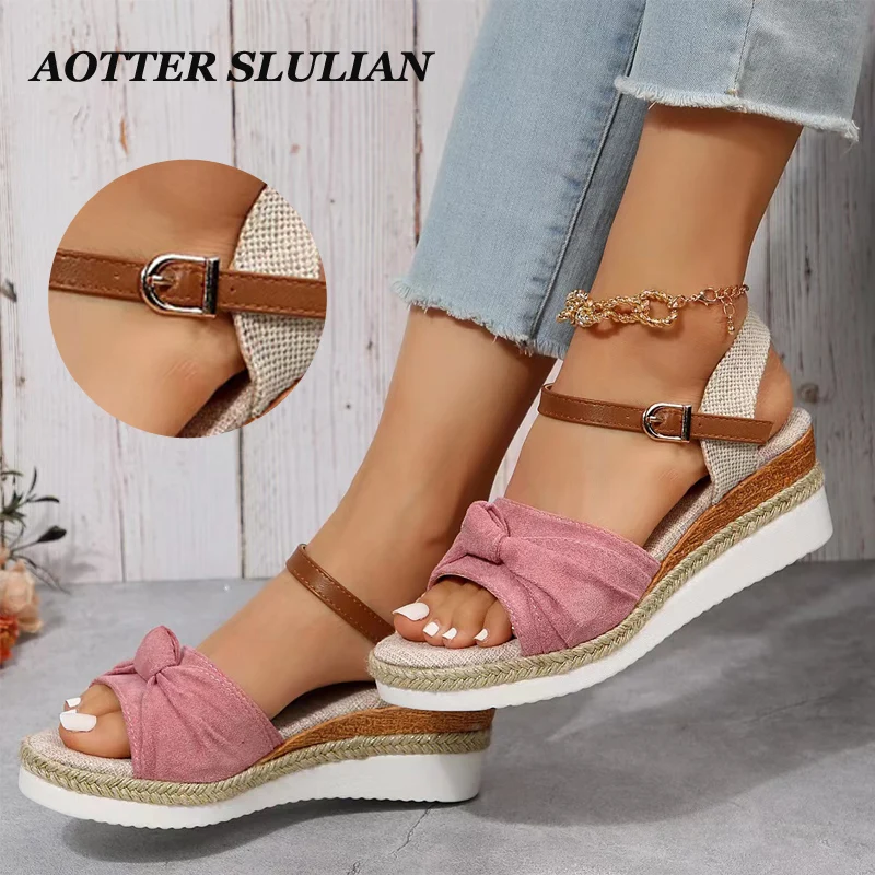 

2023 Fashion Women's Sandals Summer Flock Thick Sole Roman Sandalias Female Buckle Strap Casual Platform Shoes Mujer Slippers