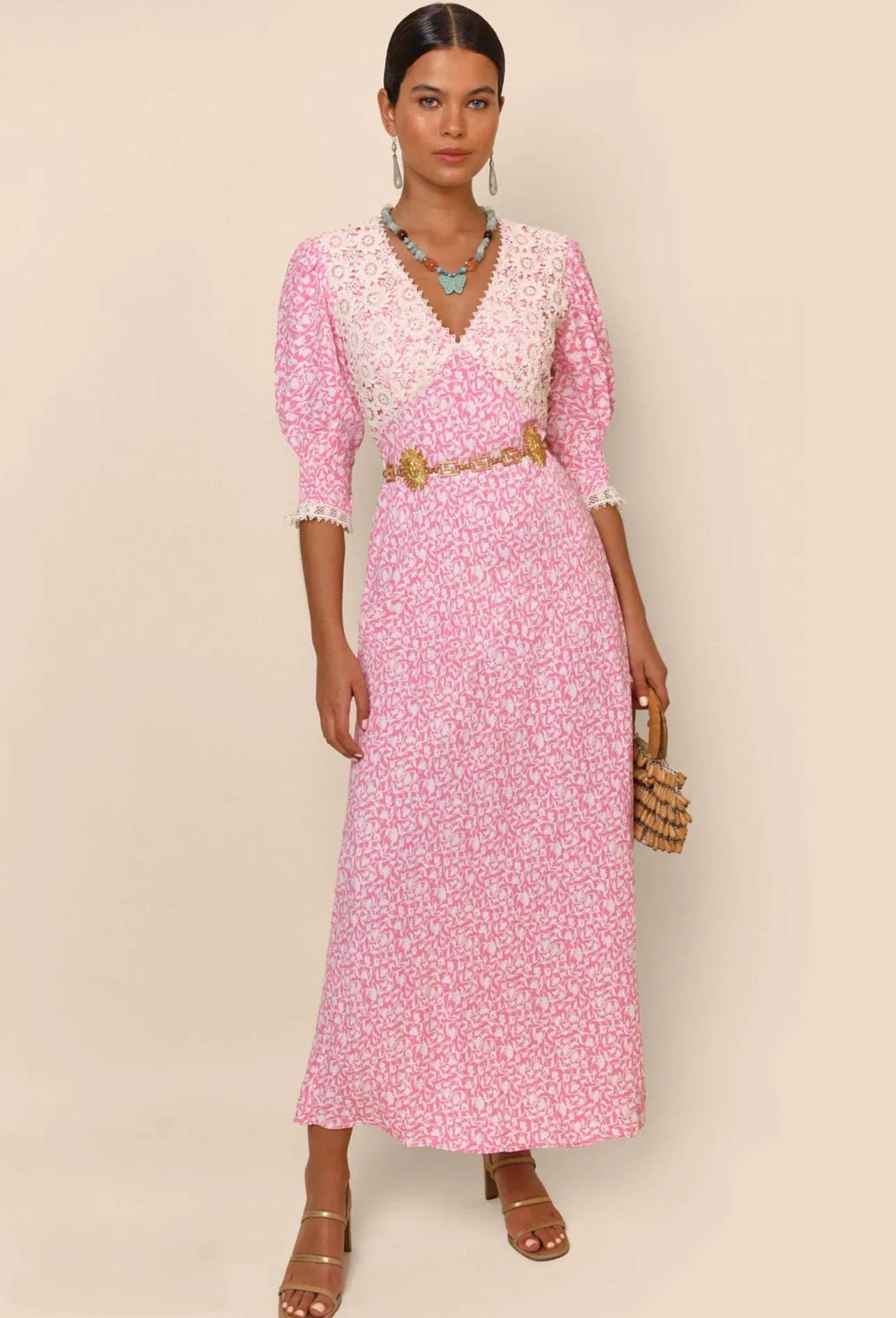 Women Floral Print Embroidery Patchwork V-Neck Puff Sleeve Elegant Midi Dress