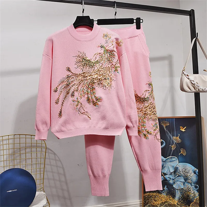 

Women Two Piece Set Phoenix Knitted Sweater Autumn New Fashion Femme Long Sleeve Knitwear + Harem Pants Ladies Clothes Tide H955