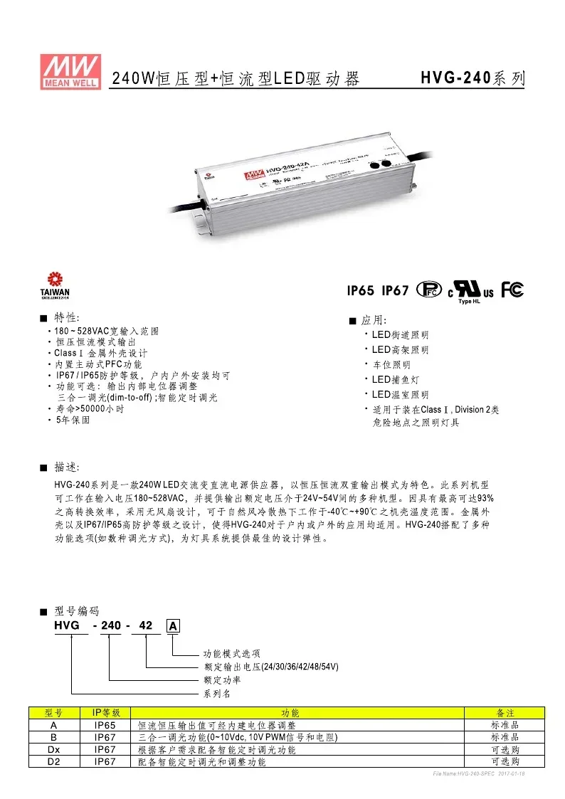 Фото Новый водонепроницаемый диммируемый LED-драйвер Taiwan Mingwei High Voltage PFC HVG-240-36B 240W 36V 6.7A №2
