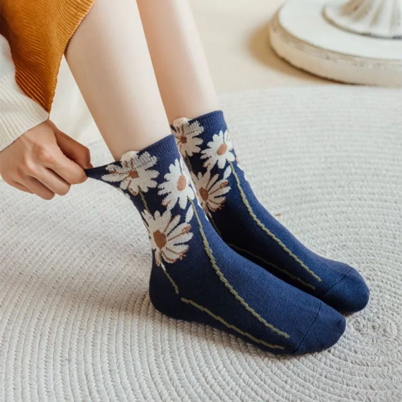 5 Pair Print Keep Warm Socks Women Windproof Cycling Wool Socks  Fashion Long Winter Floor Socks Woman Thick Cute Calzini Donna