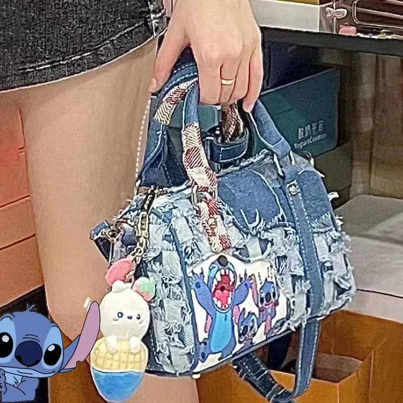 

Disney Stitch Handbag Cartoon Casual Fashion Denim Hole Niche Stitching Style Crossbody Large Capacity Women Denim Messenger Bag