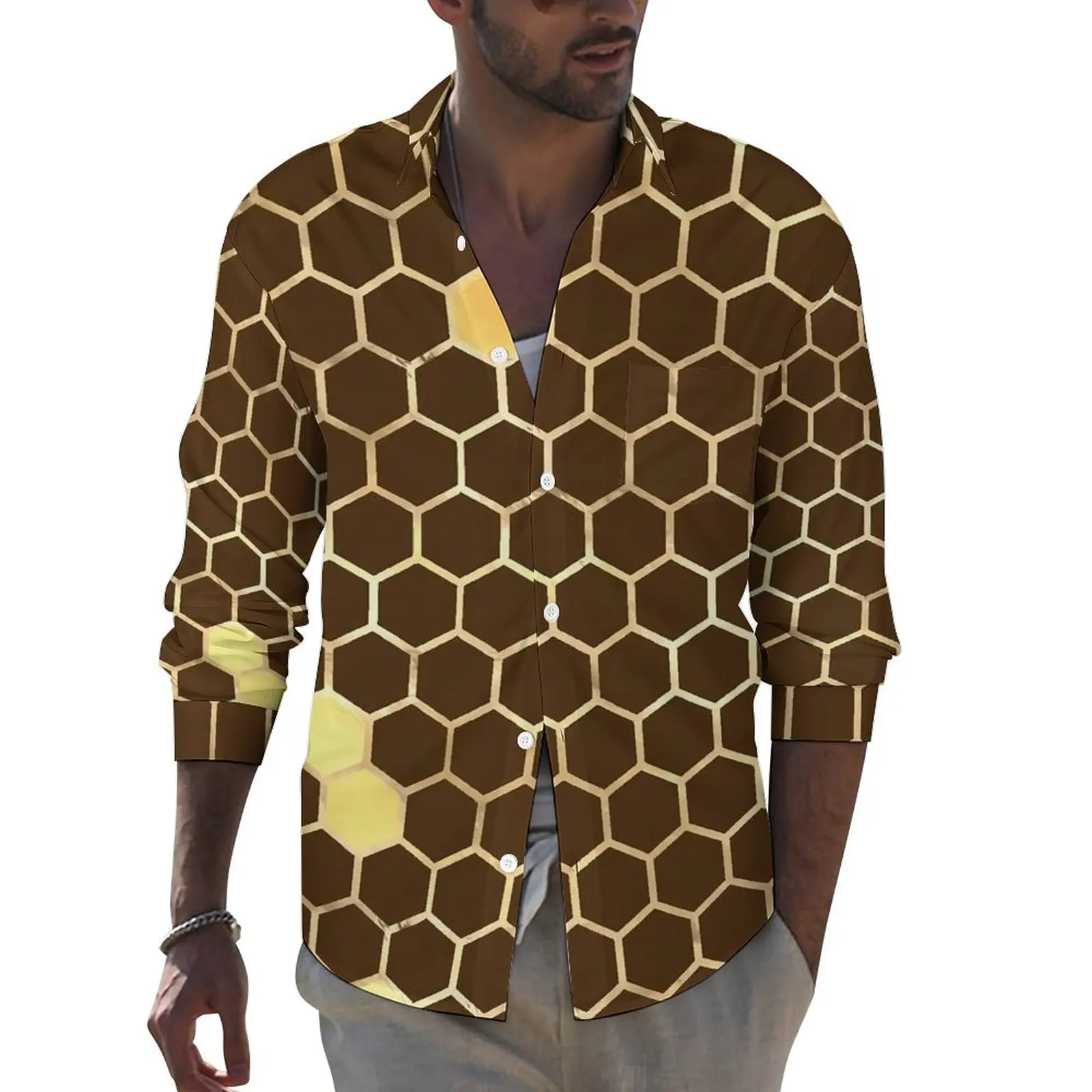 

Honey Bee Hives Street Style Casual Shirt Men Geometric Print Shirt Spring Cool Blouses Long Sleeve Pattern Oversized Clothing
