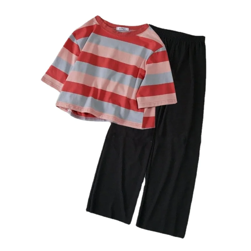

S-2XL 2 Pcs Women Sets Colorful Striped T-shirt Simple Elastic-waist Wild-leg Suit Loose Long Trousers Student Girls Outfit Sets