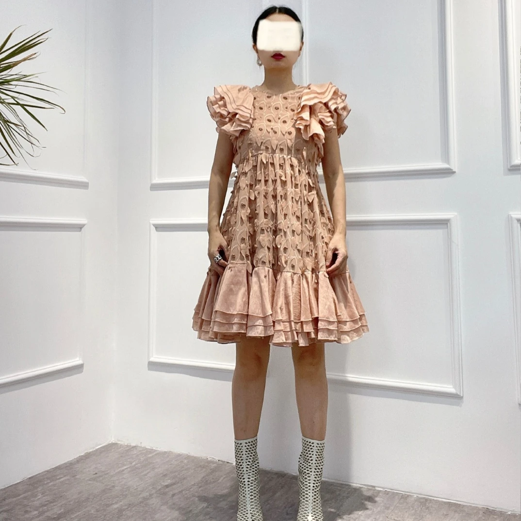 

Женское мини-платье с вышивкой, однотонное розовое платье с открытой спиной и рукавами-лепестками, лето 2022