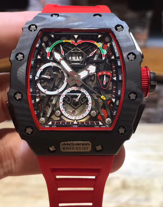 

Black Men Watch Automatic Mechanical Flyback Carbon Fiber Red Rubber