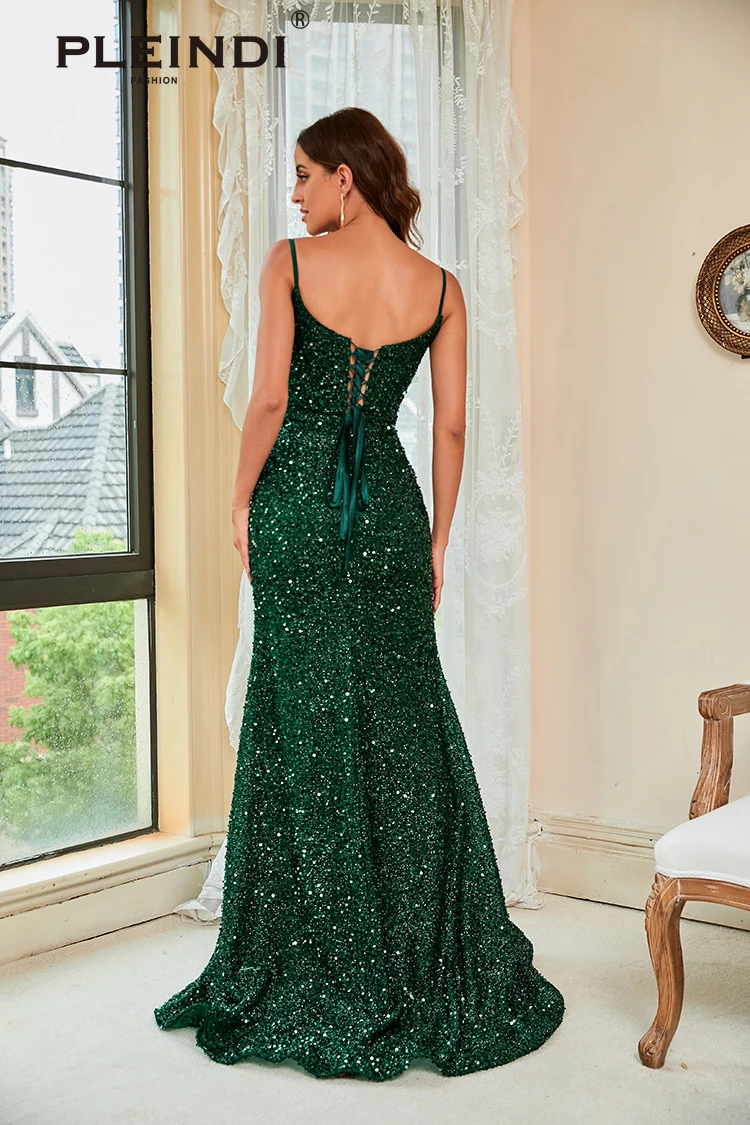 PLEINDI Vintage Party Women Evening Dresses  V-Neck Sleeveless Straight Floor-Length 2022 New for Sequined Exquisite Prom Dress
