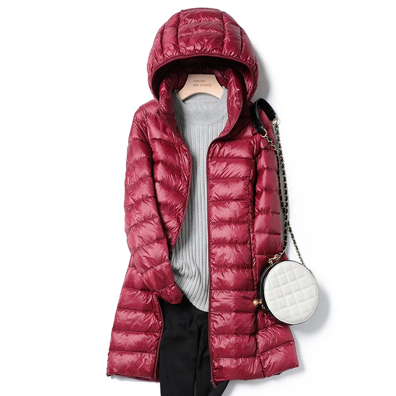 2022 Winter  Womens Down Jackets Long Ultra Light Thin Casual Coat Puffer Jacket Slim Remove Hooded Parka Winter Jacket Women