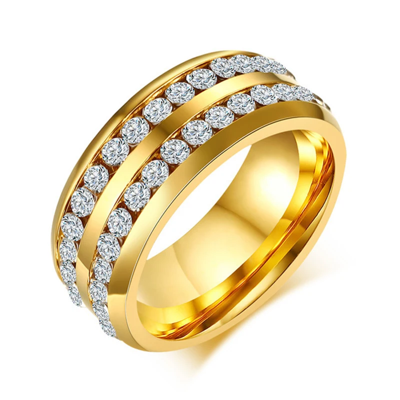 

Trendy Gold Color Stainless Steel 2 Row Crystal Luxury Rings for Women Engagement Wedding Charm Jewery Gifts Wholesale