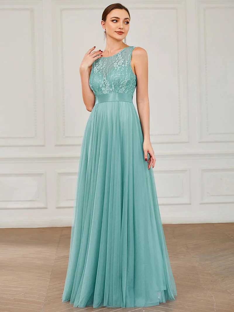 

Elegant Evening Dress Long Sleeveless A Line Round Neck Floor-Length Gown 2022 Ever Pretty of Simple Prom Party Lace Women Dress