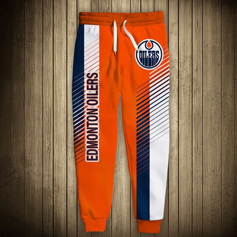 

2022 Edmonton men's Casual Oilers Sports Pants Orange And Blue Stripes Stitching Geometric Pattern Printing Sweatpants
