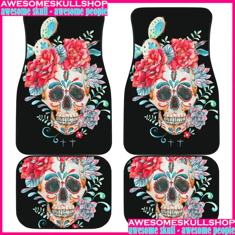 

Set 4 pcs Sugar skull day of the dead mexico skull car mat, sugar skull car accessories, skull car protector, skull mat carpet s
