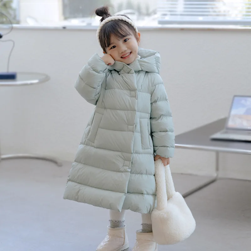

Children's Long Down Jacket Over The Knee Thickened Yellow White Eiderdown Loose Hooded Children's Coat