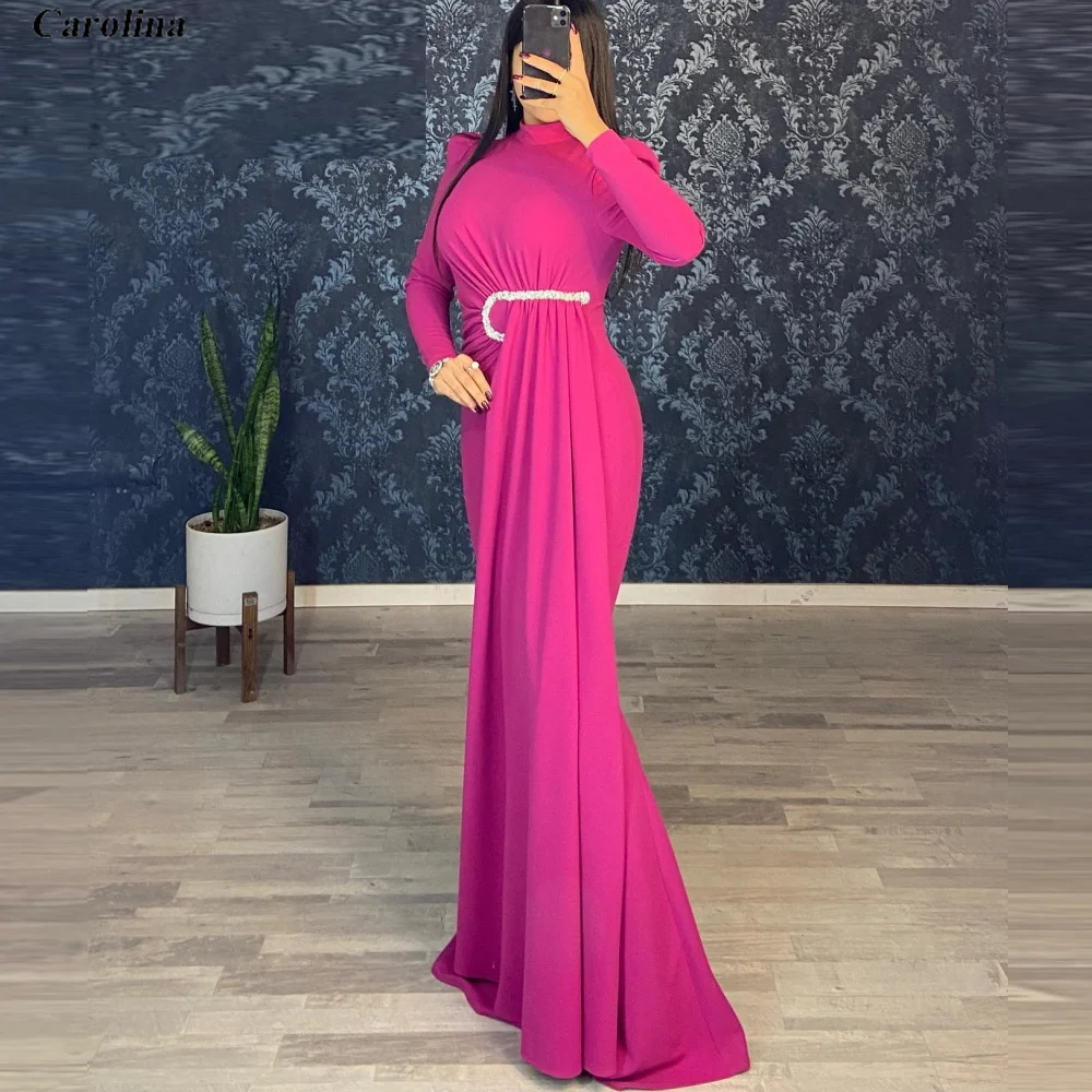 

Long Sleeves Long Prom Gown High Neck Custom Made Satin Beading Occasion Dress Robe De Soirée Women Ruched Evening Party Dress