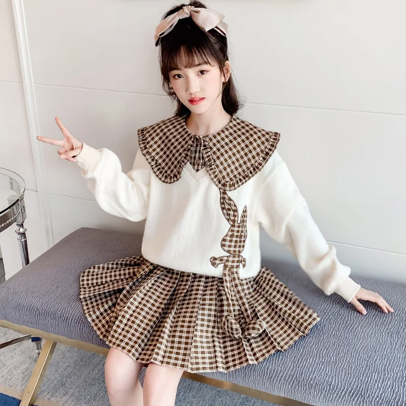 

2-piece Children's Clothing Girls' Plaid Shawl Skirt New Middle-aged Children's Korean Clothing Trend Student Campus Clothing