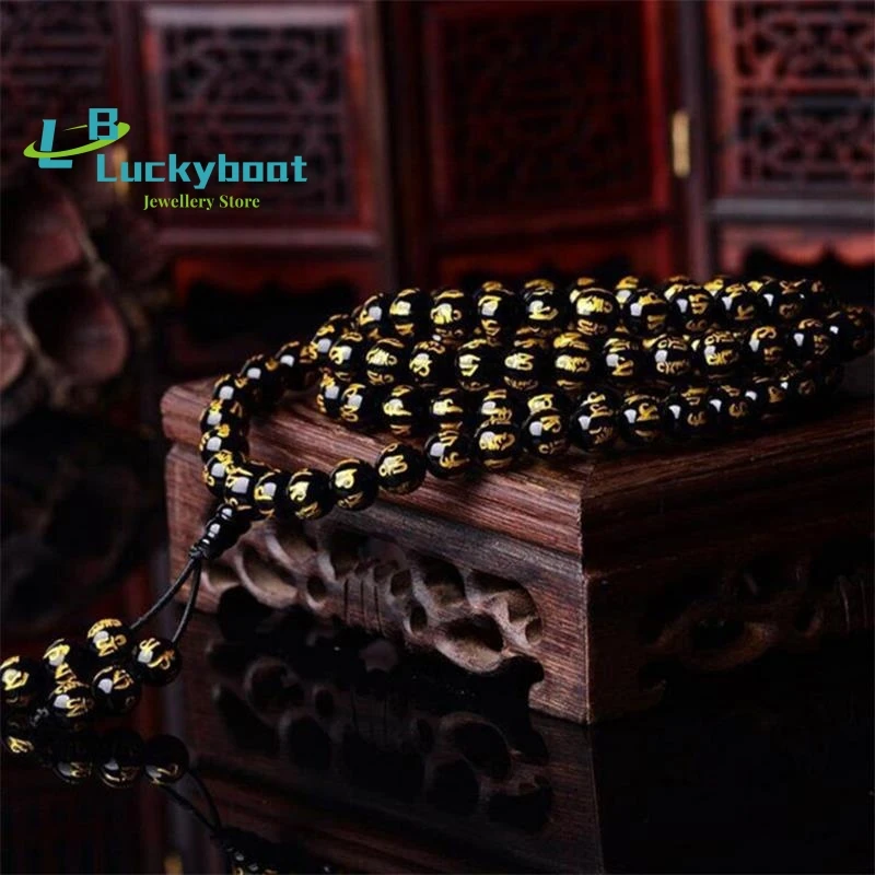 Feng Shui Obsidian Stone Bead Carve Mantra Om Mani Padme hum Amulet Unisex Wristband Bracelet Wealth Good Luck Changing Bangle