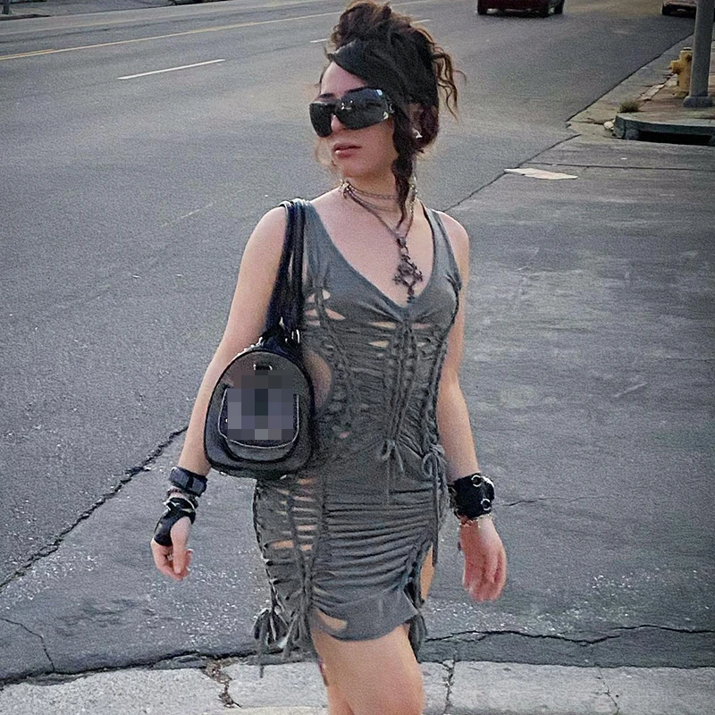 

Women Sexy Cut-out Dress Bandage Cross Sleeveless Backless Streetwear Nightclub Female Mini Dresses for Women 2022 Summer New