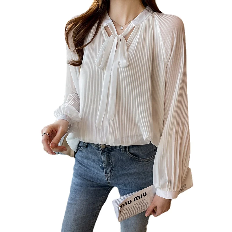 

Блузка женская с кружевным бантом, универсальная Свободная шифоновая рубашка в Корейском стиле с длинными рукавами, весна 2022