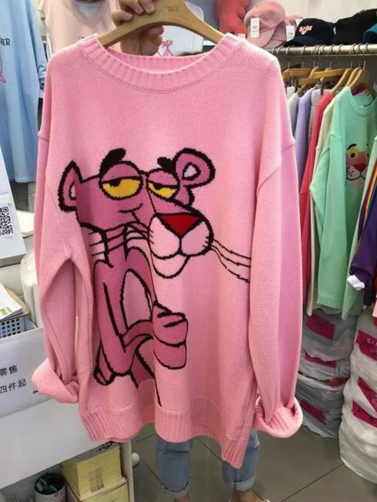 Свитер Женский вязаный с леопардовым принтом круглым вырезом свободный в