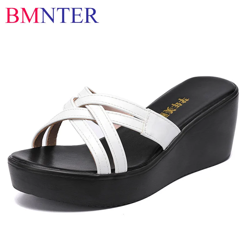 

Small Size 32-43 Casual Medium Heels Slippers Leather Women's Platform Shoes 2023 Summer Non Slip Office Beach Wedges Slides
