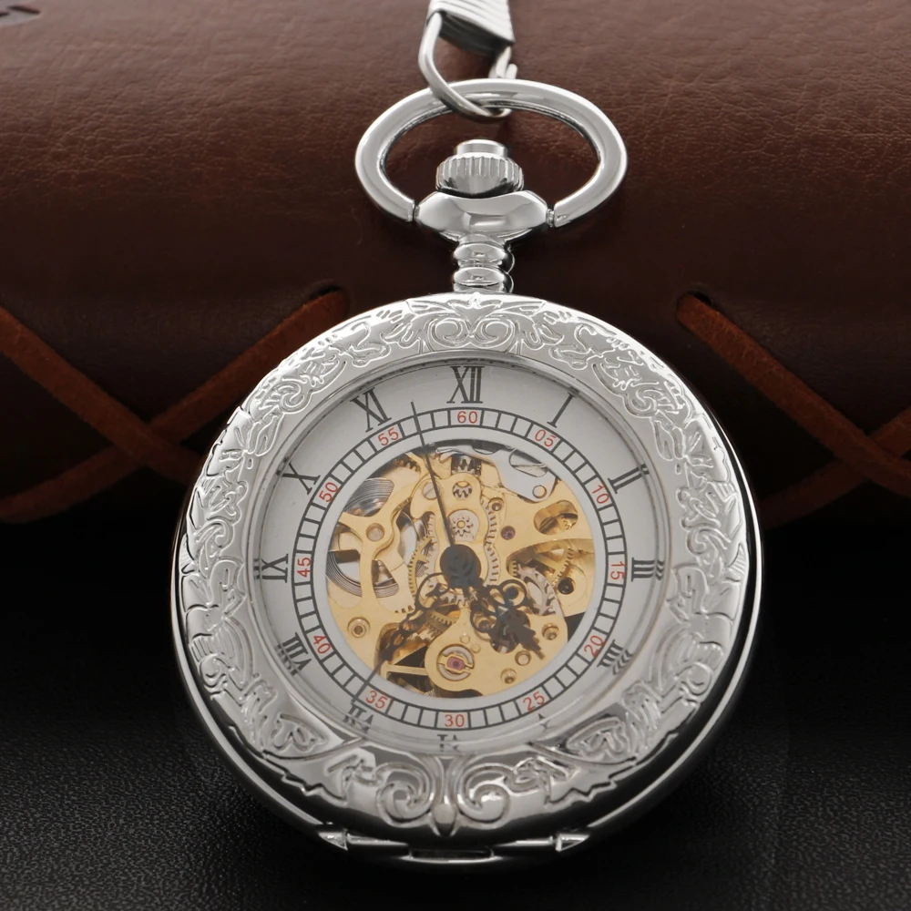 New Exquisite Pattern Sculpture Mechanical Pocket Watch with Fob Chain Men's Hollow-Out Skeleton Dial Fashion Pocket Watch Gift