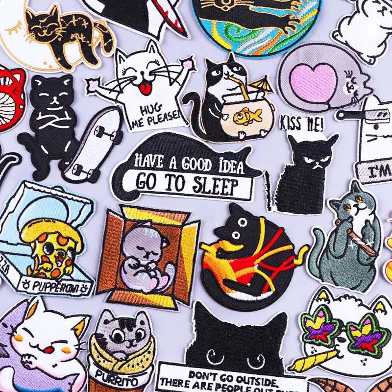 

Нашивки с вышивкой в виде черной кошки для одежды, термоклейкие патчи, Мультяшные животные, самодельные патчи для утюга на одежде