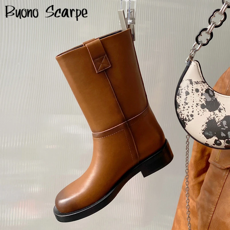 

New Arrive Chunky Heel Short Boots Women Leather Slip On Mid-Calf Boots Fashion Round Toe Booties Female Concise Botas Mujer