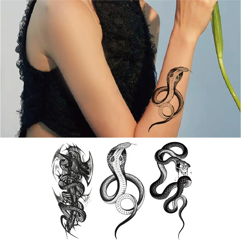 

Черная змея, временные татуировки для женщин и мужчин, Реалистичная луна, змея, водостойкая поддельная татуировка, наклейка, татуировки для рук и шеи, маленькие