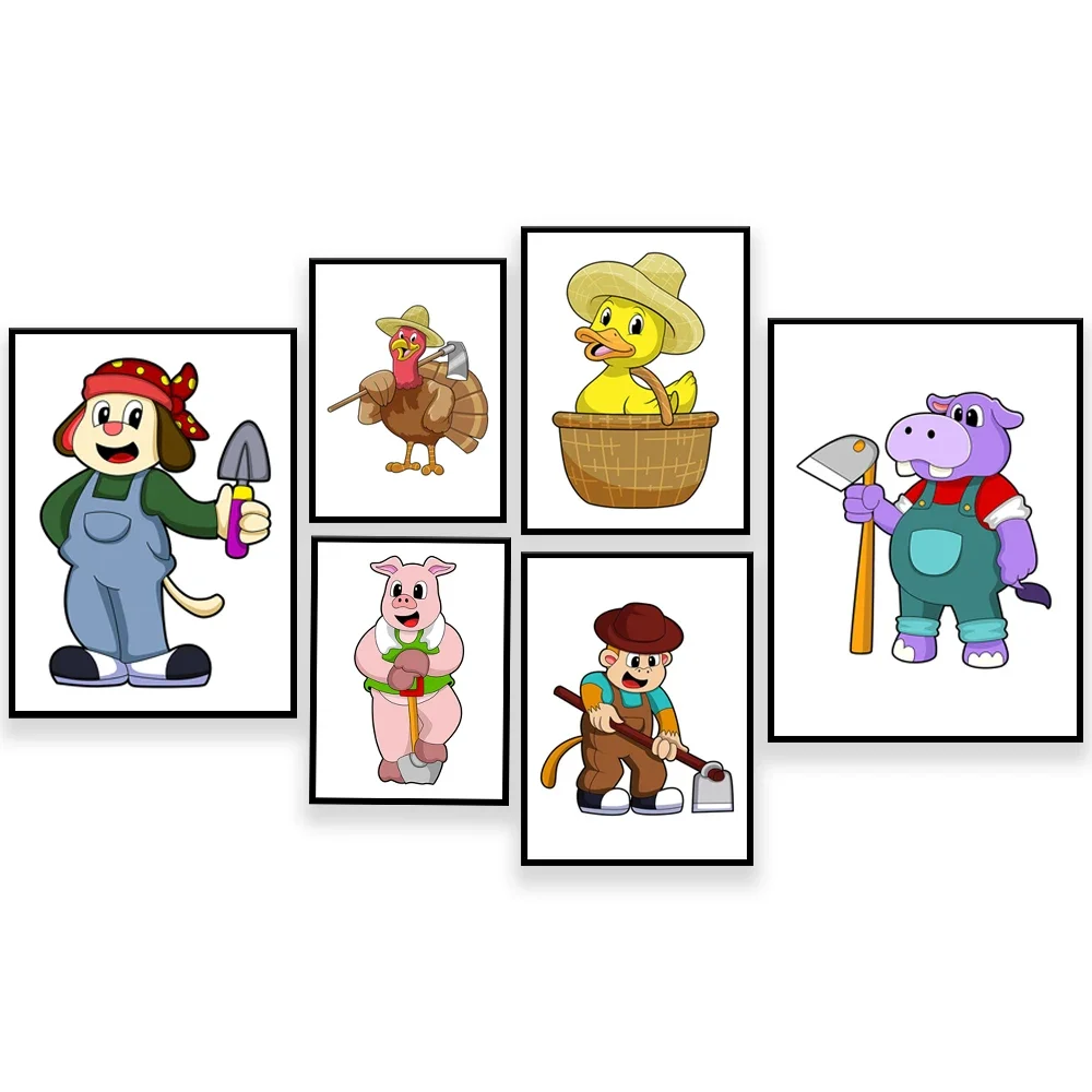 Funny animals goat farmer fisherman hat hippo garden hoe penguin cow pitchfork work poster