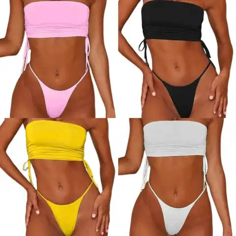 Women Bandeau Bikini Set,Strapless Swimsuit Drawstring Bikini High Cut Lowwaist Cheeky Bikini Bottom 2Piece Bathing Suit NEW