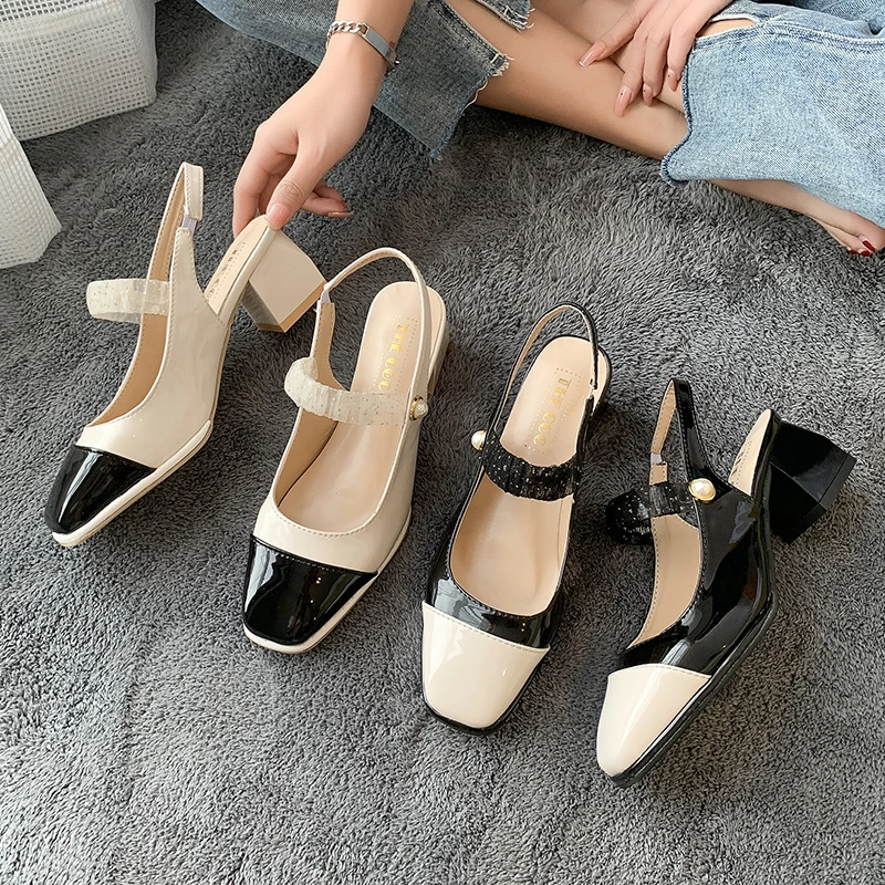 

Summer Simple Women's Sandals Square Toe High Heels Square Heel Sexy Pumps Versatile Comfortable Sandals with Pearl Buckle