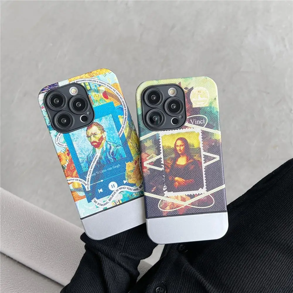 

Fashion Brand Oil Painting Mona Lisa Van Gogh Case for iPhone 14 Pro Max for Funda Apple 13 12 11 Leather Phone Case Cover