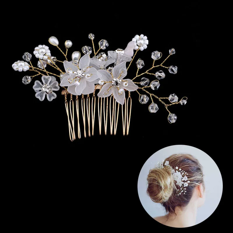 

Wholesale Fishion Style Pearl Flower Handmade Bridal Crown Wedding Hair Jewelry Crystal Tiara For Woman LXH