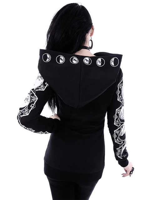 5XL Gothic Punk Women Print Long Sleeve Hoodies Sweatshirts Casual Zipper Jacket Hooded Tops Female Autumn Winter Black Hoodies. 4