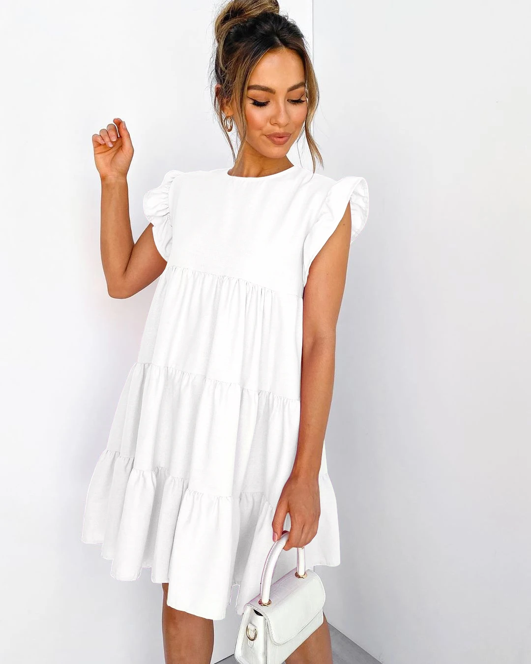 

Summer Ruffle Mini Dress Women Solid Color Lady Dresses O Neck Casual Loose Dresses Butterfly Sleeve Short Dress Vestidos