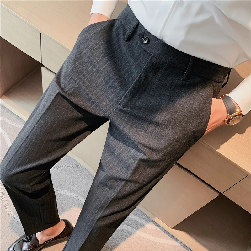 

High Quality Striped Pants Men Slim Casual Business Dress Suit Pant Office Wedding Trousers Social Streetwear Men Clothing 2022
