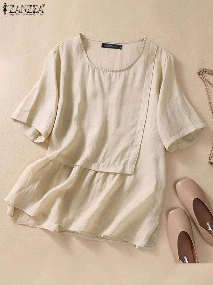 

ZANZEA Casual Patchwork Blosues Women Leisure Round Neck Short Sleeve Slit Hem Shirt 2023 Summer Solid Color Everyday Tunic Tops