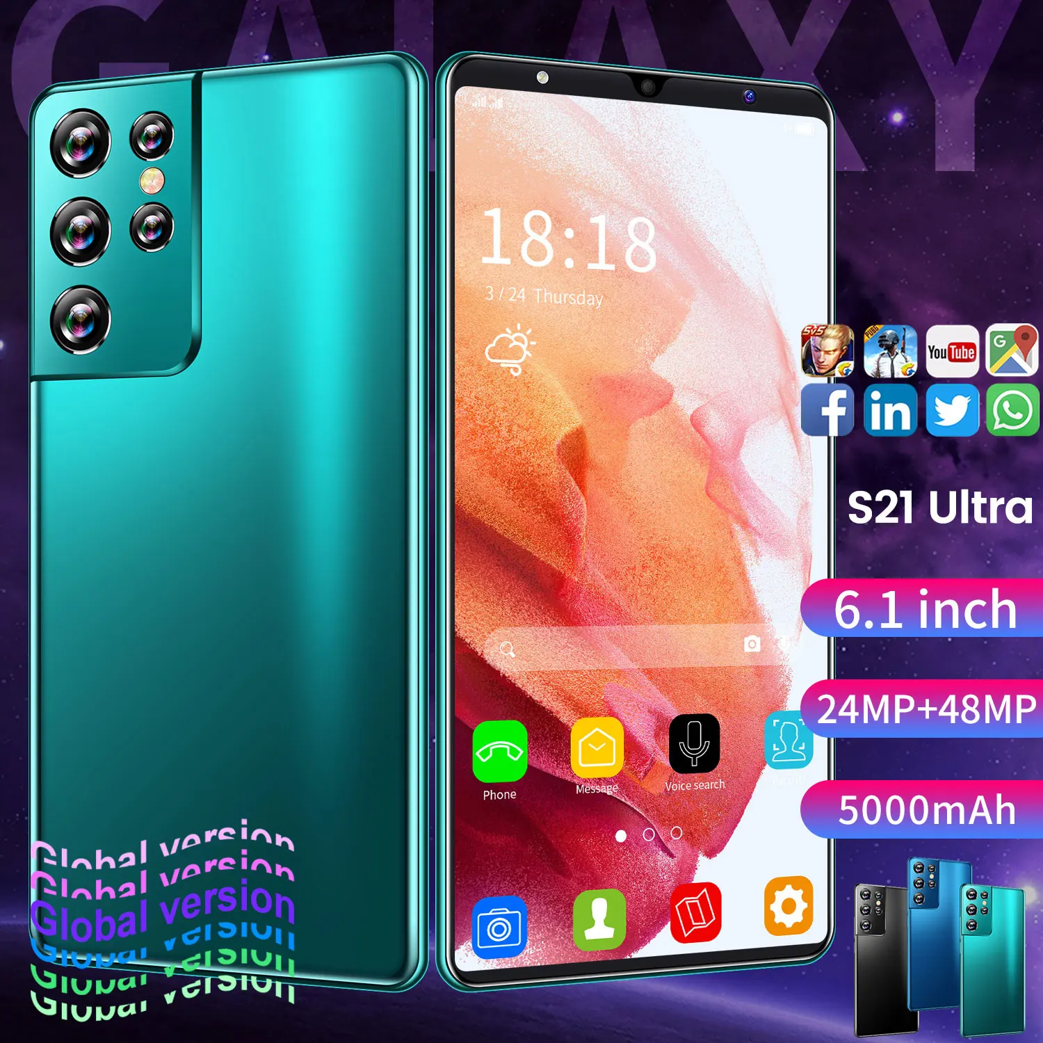 Смартфон глобальная версия S21 Ultra 6 1 дюйма 16 ГБ ОЗУ + 512 Гб ПЗУ Android 11 0 5000 мАч 48 МП |