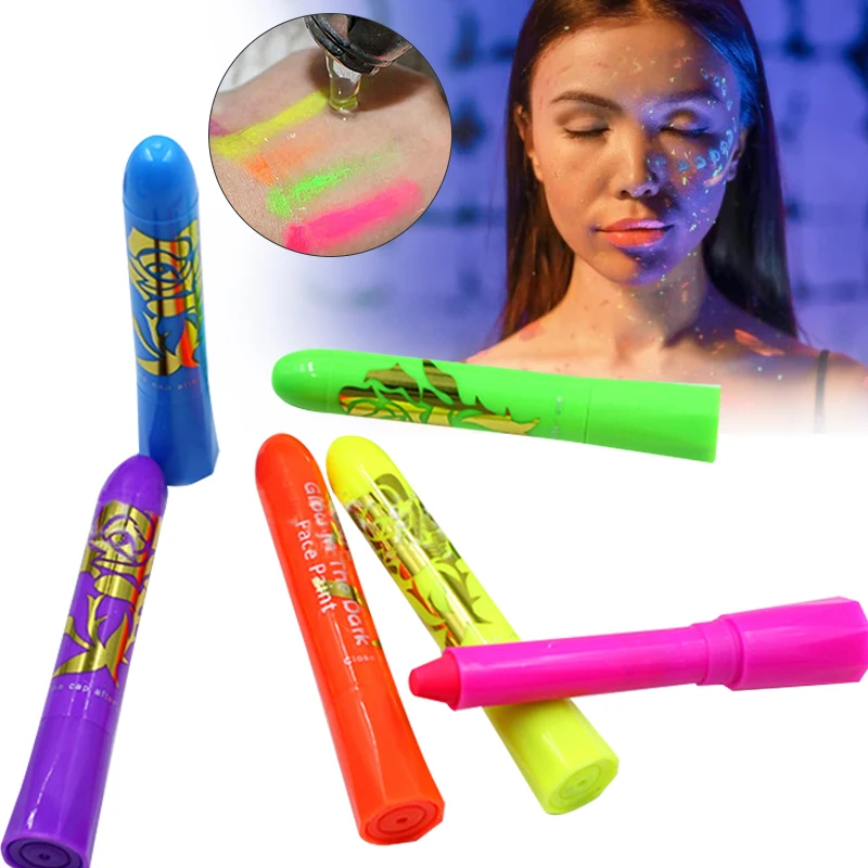 

6pcs Halloween Glow Pop In Dark Face Black Light Paint Uv Neon Face & Body Paint Crayon Kit Fluorescent Makeup Marker Halloween