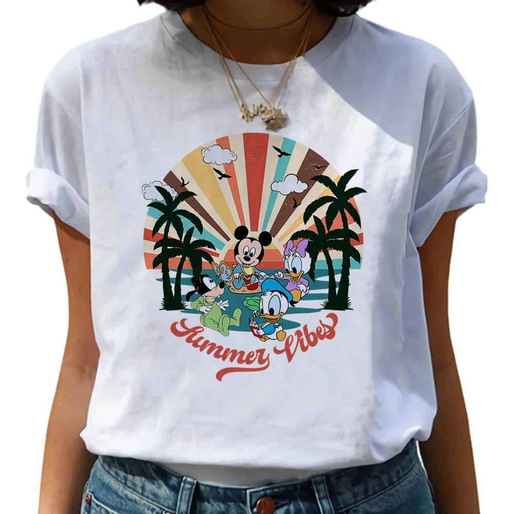 

Disney Women Summer T-Shirt New Baby Mickey Friend Print Female T Shirt Summer Vibes Letter Pattern Lady Tops Tees Comfy Style