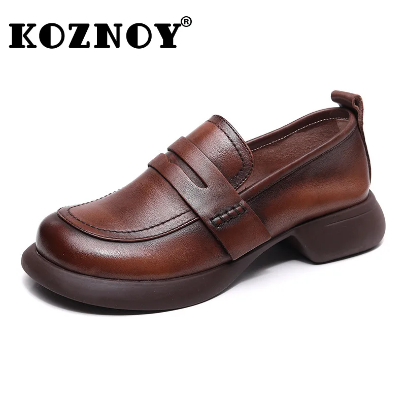 Koznoy 3.5cm New2022 Retro Ethnic Pattern Full Cow Genuine Leather Summer Ladies Slip on Comforable Simple Loafers Walking Shoes