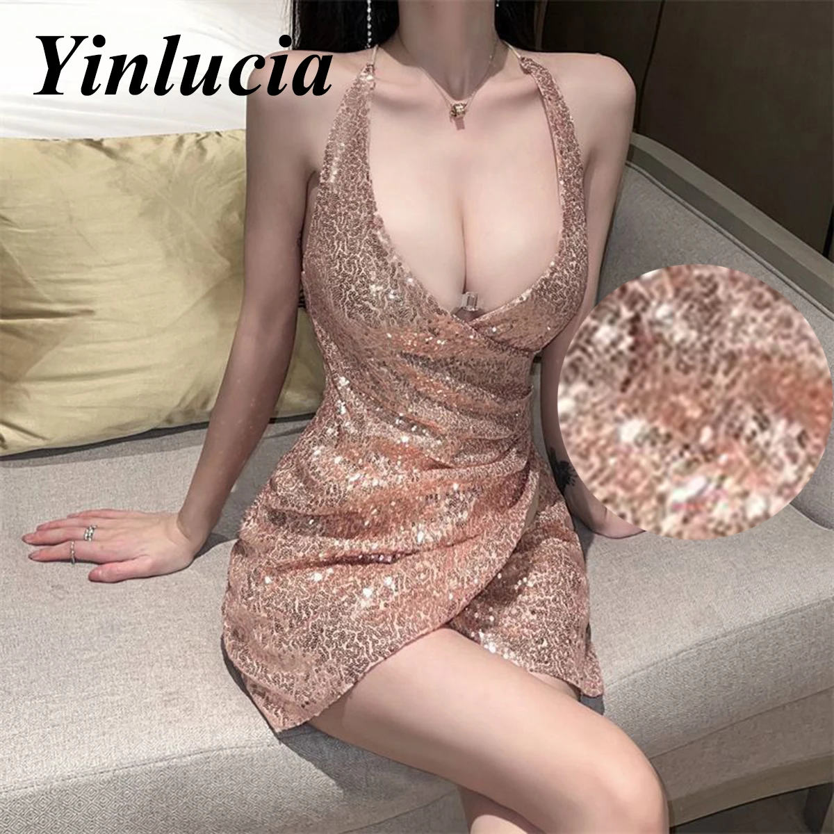 

Shiny Sequins Dress Elegant Sexy V Neck Backless Suspender Slim Dress Casual Party Prom Mini Dresses Bridesmaid Ladies Summer