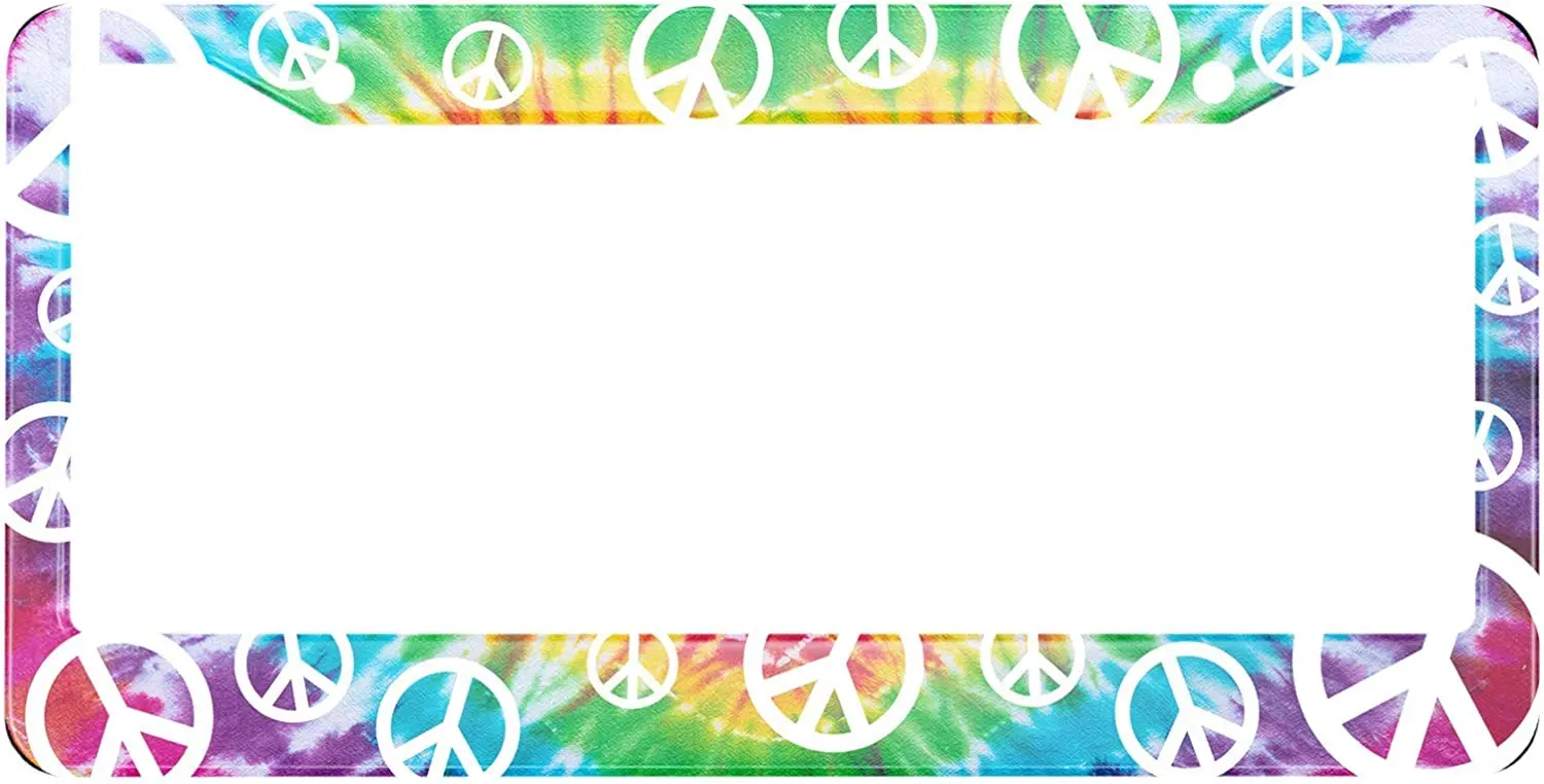 

White Peace Sign License Plate Frame Tie Dye Hippie Rainbow Pattern Metal License Plate Cover Front Plates Frames Car Tag Frame