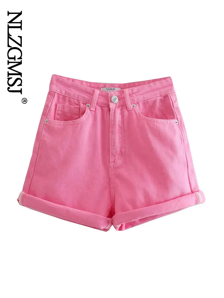 

Nlzgmsj Za 2022 Solid High Waisted Straight Jean Shorts Women Summer Casual Streetwear Ladies Pocket Rolled Hem Denim Shorts