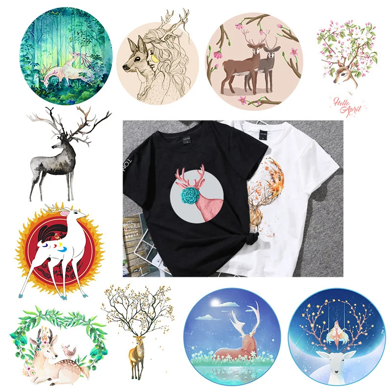 

Dreamlike Cartoon Flower Deer Heat Transfer Iron On Transfers Vynil Thermal Patches For Clothing Ironing DIY T-shirt Stickers